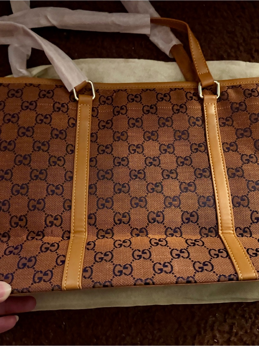 Brown Canvas Tote with Green and Red Web Stripe and Gold Hardware - Picture 6 of 10